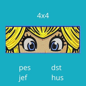 Könnte beinhalten: Gestickter Aufnäher mit einer Nahaufnahme der Augen eines Comic-Charakters mit blonden Haaren. Der Aufnäher ist 4x4 Zoll groß und hat einen blauen Umriss.
