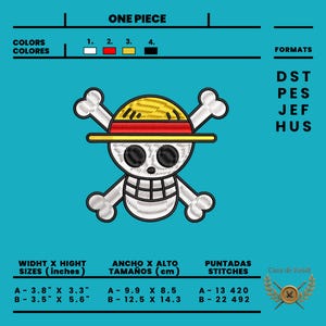 Puede incluir: Parche bordado de One Piece con el Jolly Roger. El diseño presenta una calavera blanca con huesos cruzados, con un sombrero de paja amarillo con una banda roja. La imagen incluye información sobre el tamaño y los puntos.