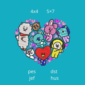 May include: A heart-shaped design featuring a group of cartoon characters, including a brown bear, a pink bunny, a blue dog, a gray alpaca, a yellow chick, a blue bear, and a red heart character. The characters are surrounded by pink hearts.