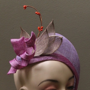 New women&#39;s Slanted Cocktail Fascinator by Alexander & Hallatt in Dusky Pink and Darker Pink, Brown and Orange trim
