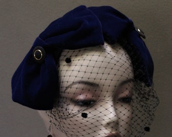 New women's 1950's, 1960's Whimsy style hat by Alexander & Hallatt in Royal Blue Velvet with dotted Black Veil