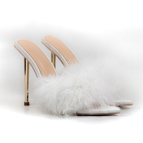 White faux fur heels sale