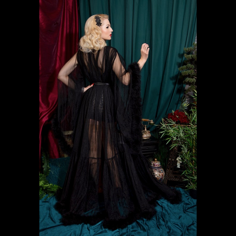 Black Long Sheer Feather Robe Womens Fluffy Marabou Feather Dressing