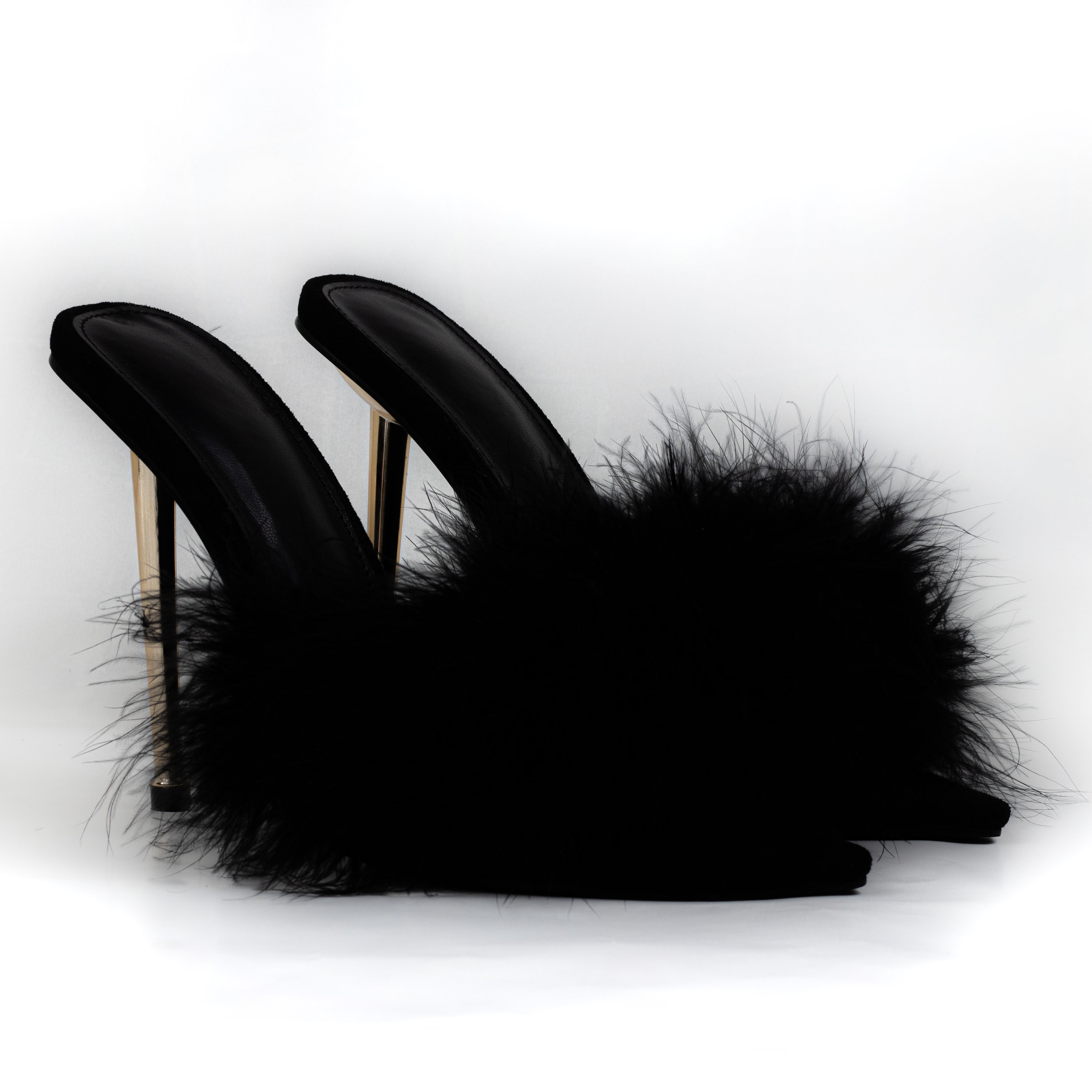 Black fluffy cheap stilettos