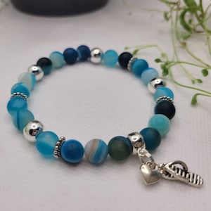 Matte Blue Stripped Agate, Silver Hematite, Gemstone Beaded Bracelet, Beach Vibes Bracelet, Flip Flop Bracelet, Summer Vibes