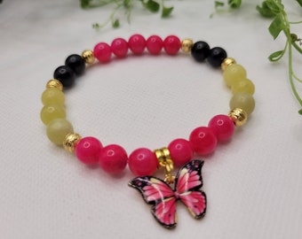 Jade Bracelet,  Gemstone Beaded Bracelet, Black Onyx,  Hot Pink Jade, Yellow Jade, Butterfly Charm,  Butterfly Bracelet