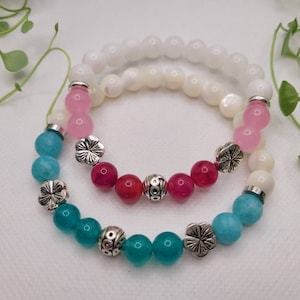 Mother of Pearl Bracelet, Jade Bracelet, Hibiscus Flower, Beaded Bracelet, Gemstone Bracelet, Matching Set, Stackable Jewelry