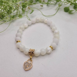 Mother of Pearl Bracelet, White Jade Bracelet, Gemstone Bracelet, Pave Heart Charm, Beaded Bracelet, Gift for Her, Christmas Gift, For Mom