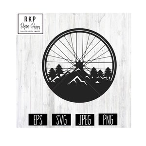 Peut inclure: Silhouette noire et blanche d'une roue de vélo avec des sommets de montagne et des arbres à l'intérieur de la roue. Le motif est en cercle.