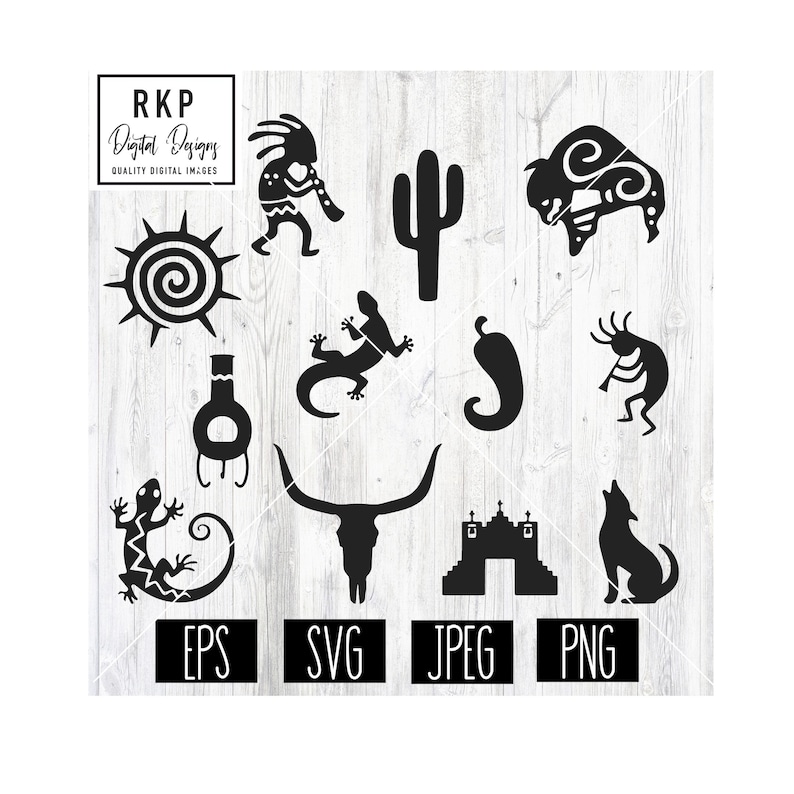 K&ouml;nnte beinhalten: Ein Set mit 12 schwarzen und wei&szlig;en digitalen Designelementen im S&uuml;dwest-Stil, darunter ein Kaktus, ein B&uuml;ffel, eine Sonne, ein Eidechse, eine Chilischote, ein Kokopelli, ein Stierkopf, ein Pueblo, ein Wolf und ein traditioneller T&auml;nzer. Die Designs sind perfekt f&uuml;r Bastelprojekte, Scrapbooking und mehr.