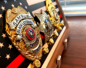 Fireman Flag Badge Display to showcase on the wall or desk. Perfect gift for retirement promotion.  Great Mother gift to their loved ones