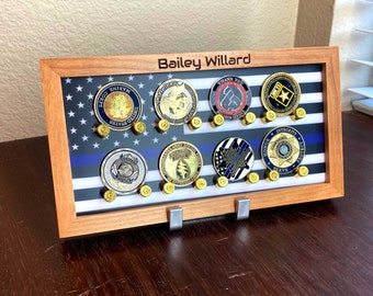 Police Flag Coin Display to showcase on the wall or desk. Perfect gift for retirement promotion.  Great Mother gift to their loved ones