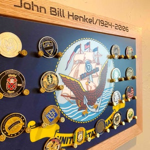 Navy Challenge Coin Holder, Display to showcase their achievements.  Perfect gift for retirement or promotion custom made and free engraving