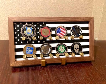 8CT Black and White USA Flag Coin Display to showcase on the wall or desk. For retirement promotion.  Great Mother gift to their soldier