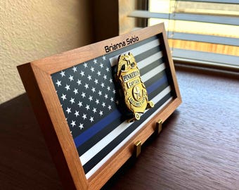 Police Flag Single Badge Display to showcase on the wall or desk. Perfect for retirement promotion.  Great Mother gift to their loved ones
