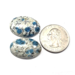 May include: Two oval-shaped blue and white speckled stones, each about the size of a US quarter.