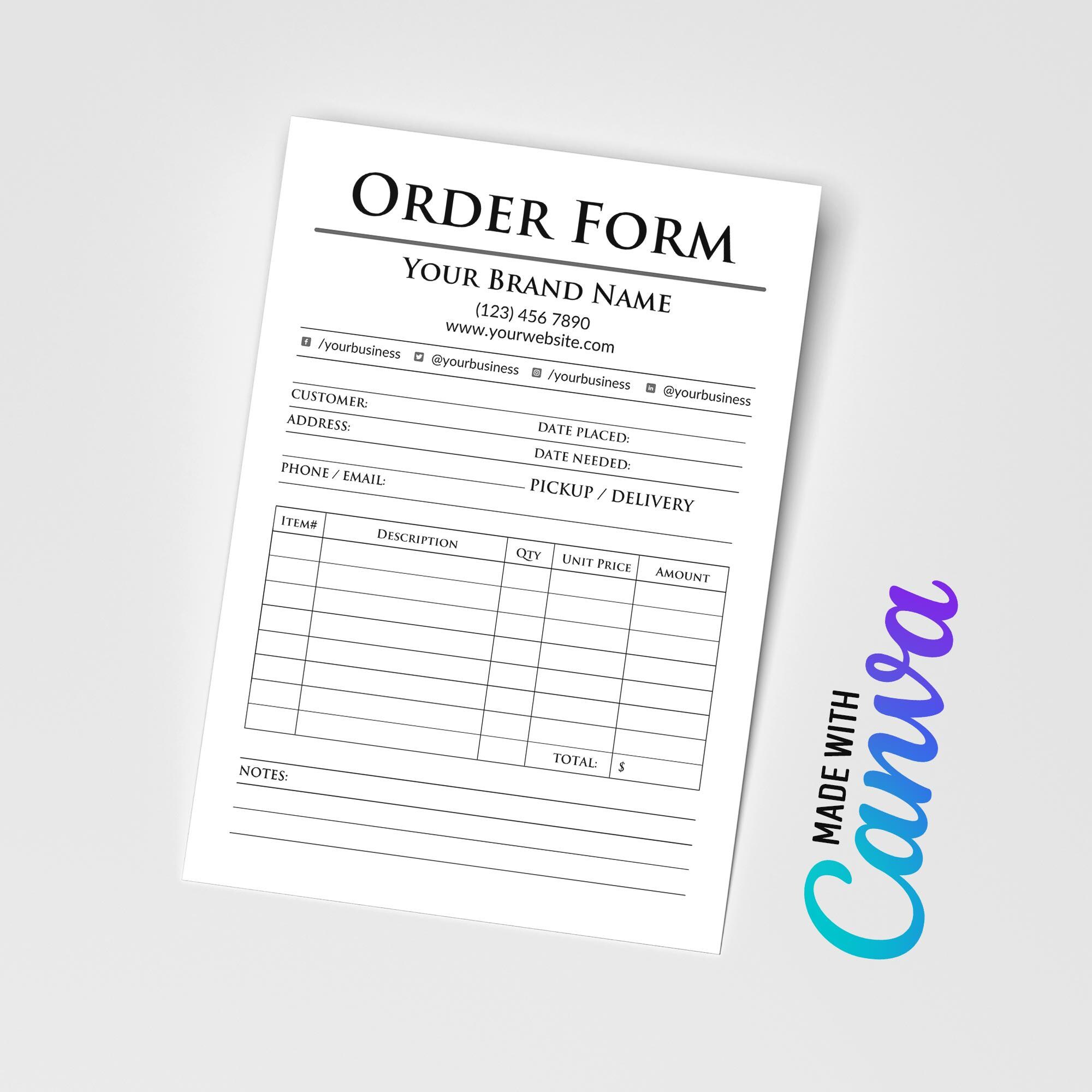 Editable Business Order Form Template, Printable Invoice (canva ...