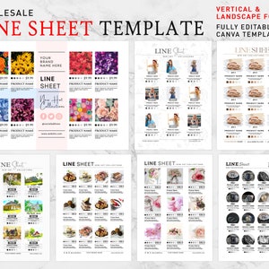 Peut inclure: Un modèle de feuille de ligne pour les entreprises de gros. Le modèle présente un fond blanc avec du texte noir et des images de divers produits. Le texte comprend "Line Sheet", "Nouvelles collections chaudes", "Nom de votre marque ici" et "Vente en gros".