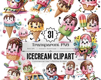 Kawaii Ice Cream Clipart, 31 PNG Illustrations (Digital Download)