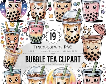 19 Bubble Tea Clipart PNG Bundle, Cute Kawaii Boba Tea, Milk Tea Illustrations, Funny Drink Characters, Commercial Use Digital Download