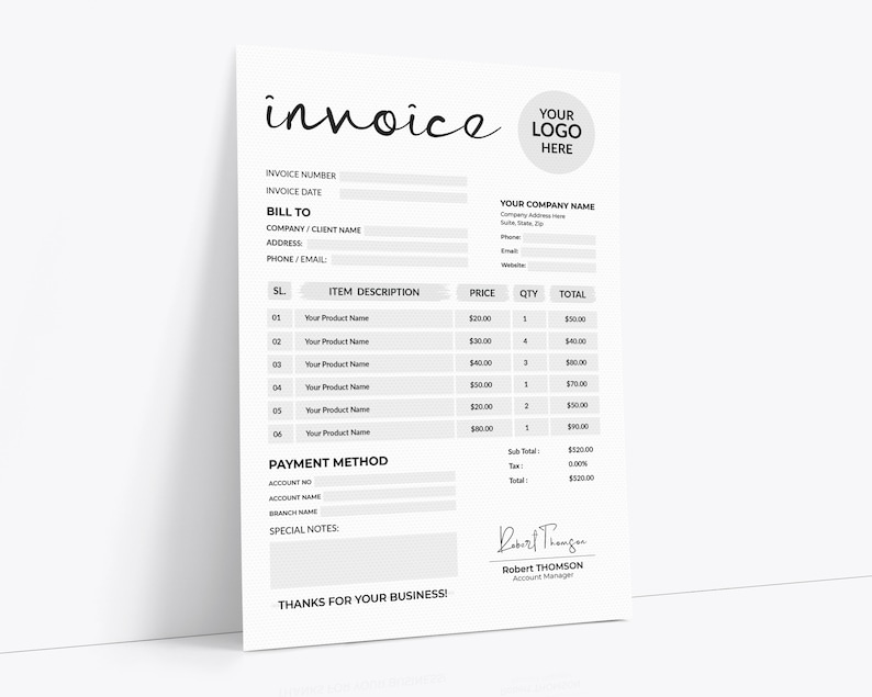 Invoice In Cursive Editable Invoice Template, Minimalist Business Form (canva, A4 & US ...