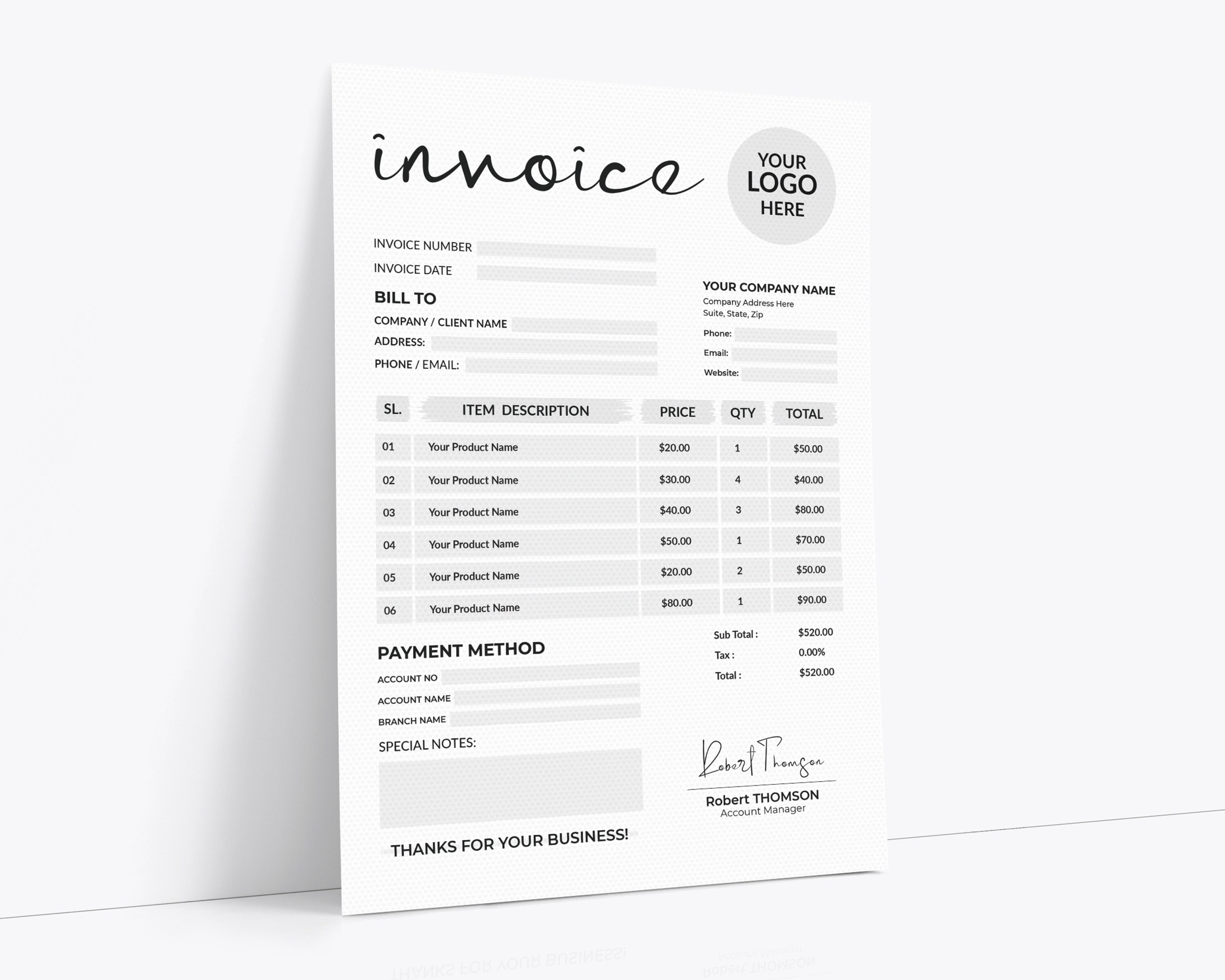 Invoice Template Invoice Order Form Printable Invoice Etsy