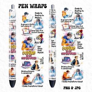 Pu&ograve; includere: Un set di sei involucri per penne colorati con un tema di codifica. Gli involucri presentano illustrazioni di persone che codificano su laptop, insieme a testi come "Coding is my superpower", "Eat, Sleep, Code, Repeat" e "I Code Therefore I Exist".