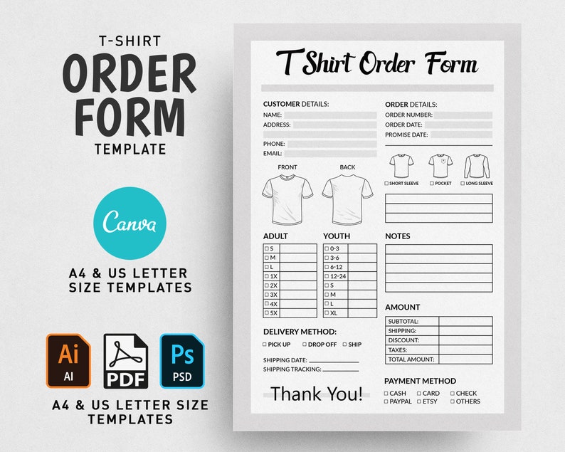 T Shirt Order Form Template Printable Shirt Order Form Etsy