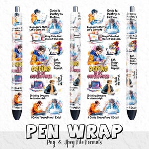 May include: A set of five colorful pen wraps featuring a coding theme. The wraps feature images of people coding, laptops, and text that says "Coding is my superpower", "Eat. Sleep. Code. Repeat." and "I Code Therefore I Exist".