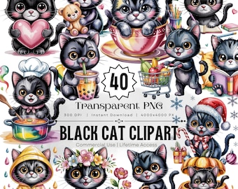 Black Cat Clipart PNG Bundle, Halloween Graphics (Digital Download