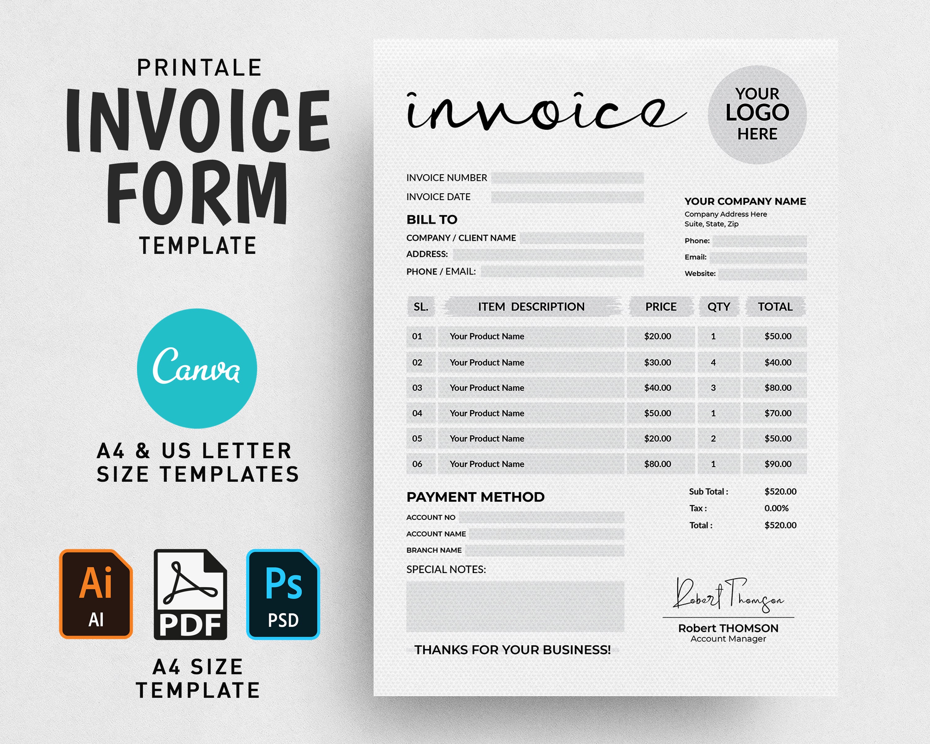 Invoice Template Invoice Order Form Printable Invoice - Etsy