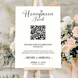 Panneau de mariage moderne avec code QR pour lune de miel (téléchargement numérique)