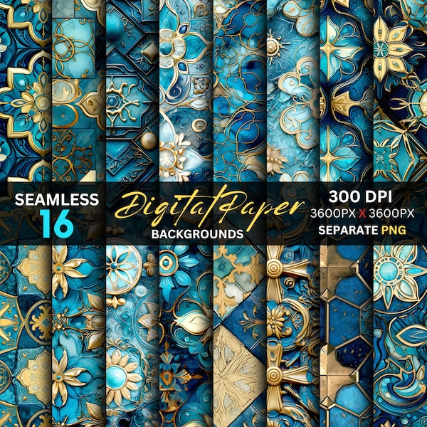 Gold Blue Geometric Digital Paper, Seamless Scrapbooking Papers, Digital Textures PNG, Junk Journal, Printable Textures, Digital Paper PNG