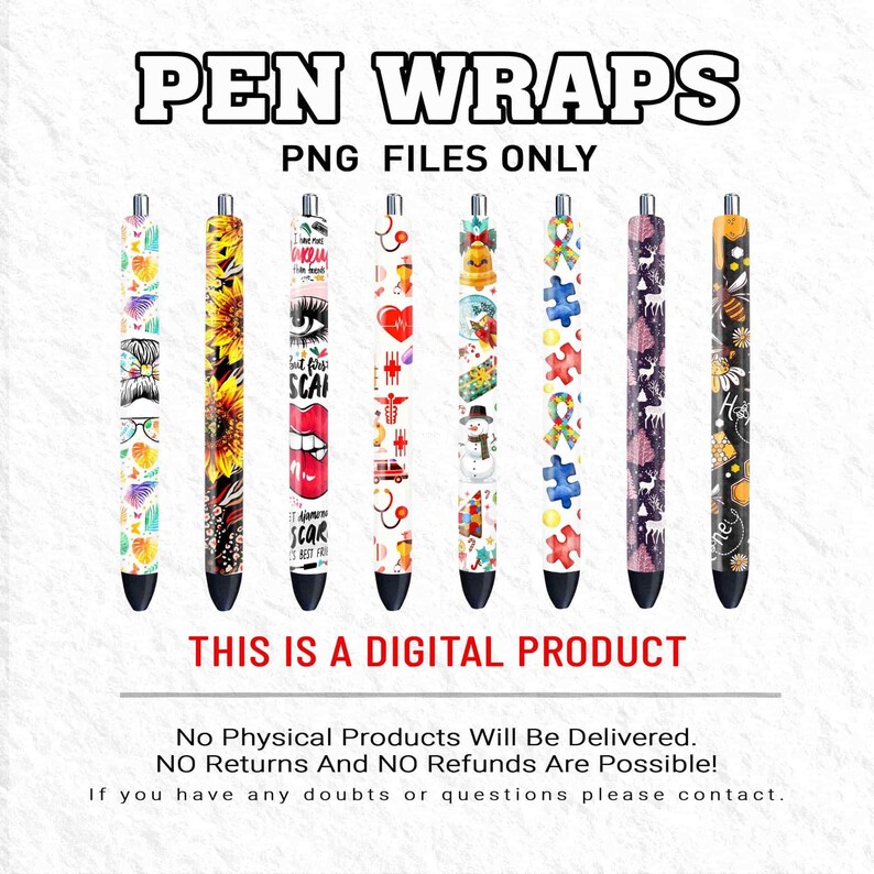 Pu&ograve; includere: Otto involucri per penne colorati con diversi design, tra cui un girasole, un cuore, un pupazzo di neve, un pezzo di puzzle e un'ape. Il testo "PEN WRAPS" e "PNG FILES ONLY" &egrave; nella parte superiore dell'immagine. Il testo "THIS IS A DIGITAL PRODUCT" &egrave; al centro dell'immagine. Il testo "No Physical Products Will Be Delivered. NO Returns And NO Refunds Are Possible! If you have any doubts or questions please contact." &egrave; nella parte inferiore dell'immagine.