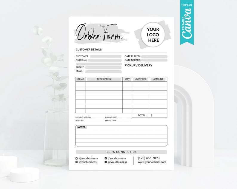 Editable Order Form Canva Template Small Business Invoice Printable ...