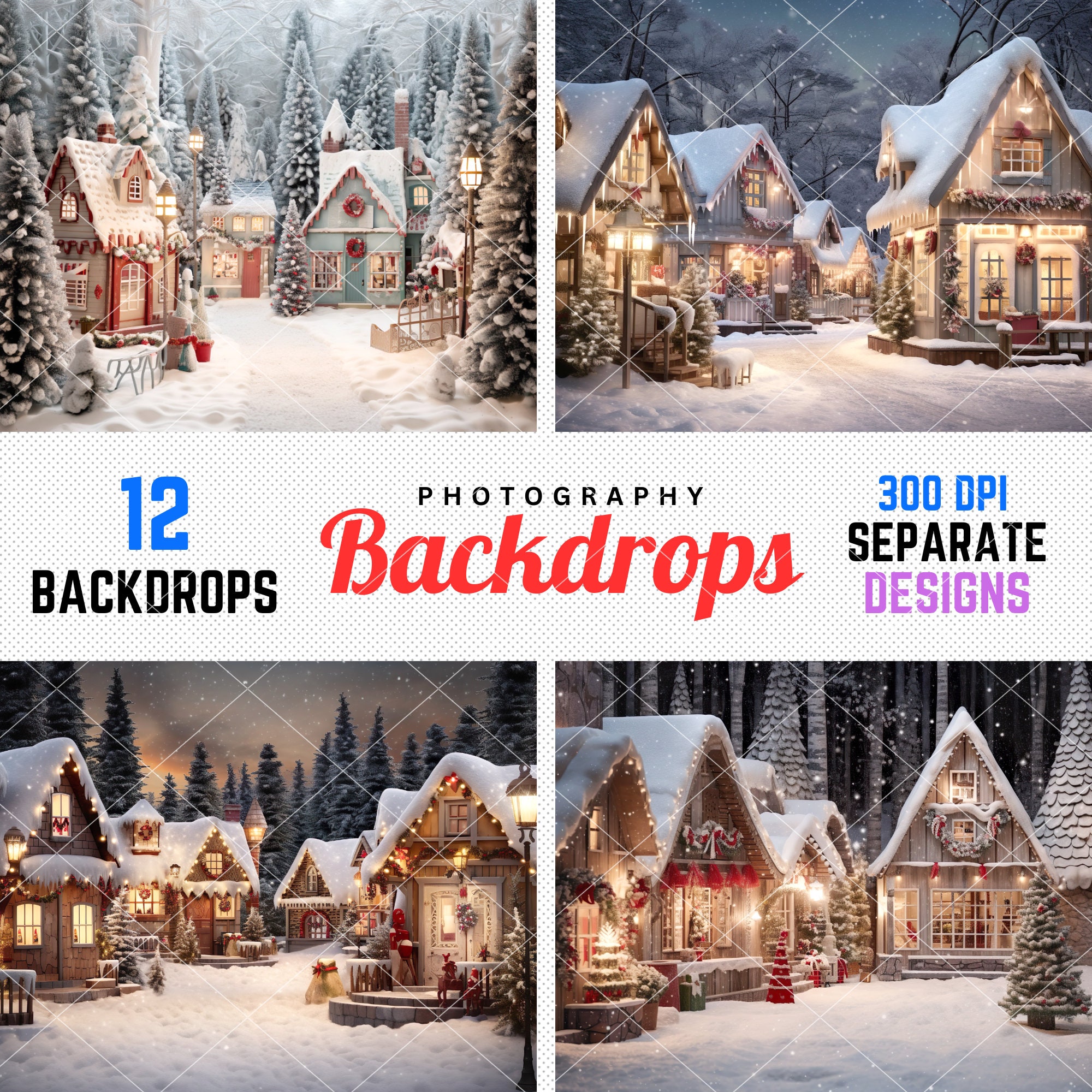 Christmas Village Digital Backdrop Bundle: Cozy Winter Photography (PNG