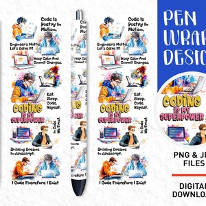 Pu&ograve; includere: Un download digitale di un design di involucro per penna con un'illustrazione ad acquerello di un programmatore di computer con il testo "Coding is my superpower". Il design include anche il testo "Eat, Sleep, Code, Repeat" e "Building Dreams in Javascript".