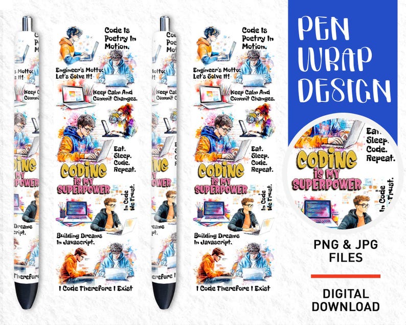 Pu&ograve; includere: Un download digitale di un design di involucro per penna con un'illustrazione ad acquerello di un programmatore di computer con il testo "Coding is my superpower". Il design include anche il testo "Eat, Sleep, Code, Repeat" e "Building Dreams in Javascript".