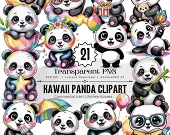 Paquete de 21 imágenes PNG de pandas kawaii, arte infantil en acuarela (descarga digital)