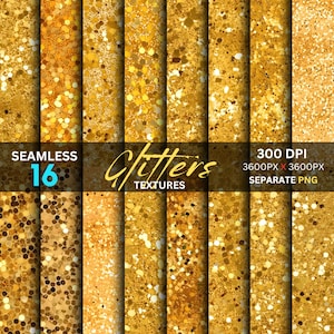 Gold Glitter Digital Paper: 16 Seamless Sparkle Textures (PNG)