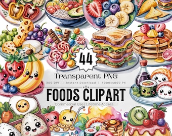Paquete de 44 imágenes prediseñadas de alimentos lindos, imágenes PNG, comida kawaii y acuarela, ilustraciones de sushi, tacos y dulces, descarga digital para uso comercial.