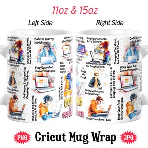 Pode incluir: Uma caneca de cerâmica branca com um design colorido que apresenta frases e ilustrações relacionadas ao código. A caneca é decorada com imagens de laptops, código e pessoas codificando. O texto na caneca inclui frases como "Code Is Poetry In Motion", "Software Engineering: Shaping The Future", e "Keep Calm And Commit Changes". A caneca está disponível nos tamanhos 11oz e 15oz.