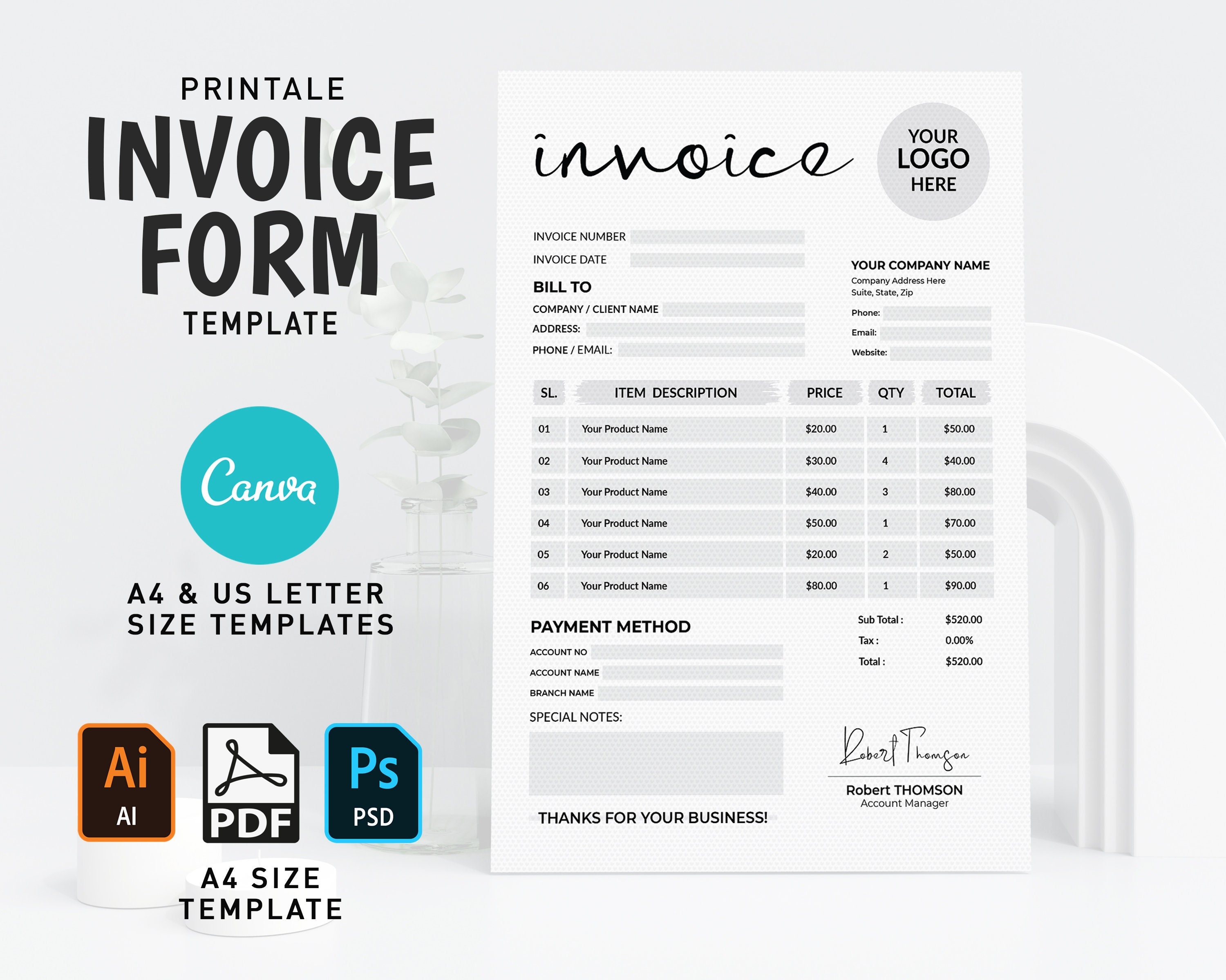 Invoice Template Invoice Order Form Printable Invoice - Etsy