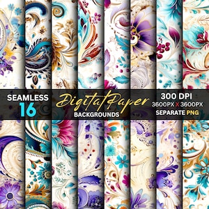 Paisley Digital Paper: Seamless Floral PNG Backgrounds (16 Textures)