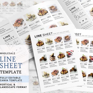 May include: A white and black line sheet template for a bakery or dessert shop. The template features a variety of desserts, including cakes, pastries, and other sweet treats. The template is fully editable and can be used in both portrait and landscape formats.