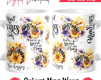 Watercolor Bee Mug Wrap: Honey Bee Design (PNG JPG Digital Download)