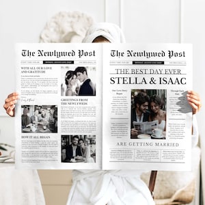 Puede incluir: Un anuncio de boda de estilo periódico en blanco y negro con fotos de la pareja. El titular dice "El mejor día de la vida Stella & Isaac". El anuncio incluye detalles sobre su historia de amor, cómo se conocieron y su día de boda.