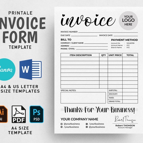 Printable Invoice Template Order Form Business Invoice - Etsy