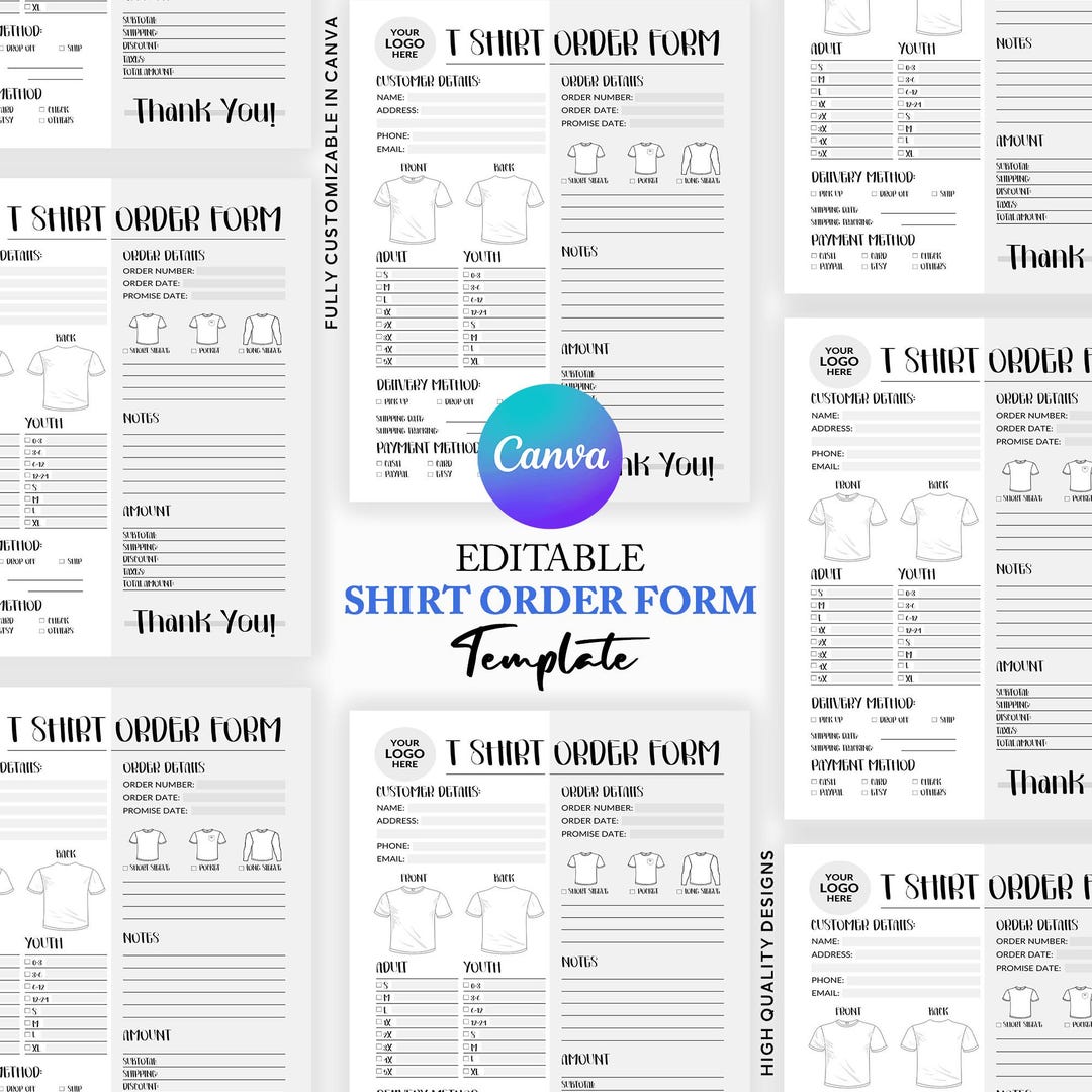 Printable T-shirt Order Form Template, Editable Canva Shirt Order Sheet ...