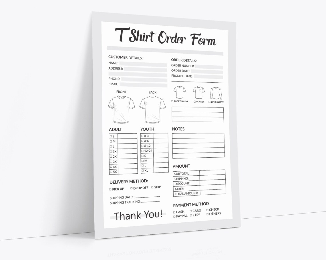 T Shirt Order Form Template Printable Shirt Order Form | Etsy